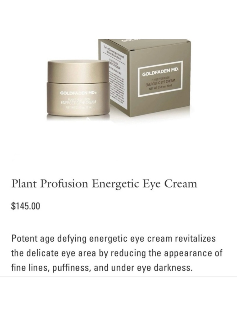 Goldfaden MD Plant Profusion Energetic Eye Cream NEW! FULL SIZE MSRP $145!